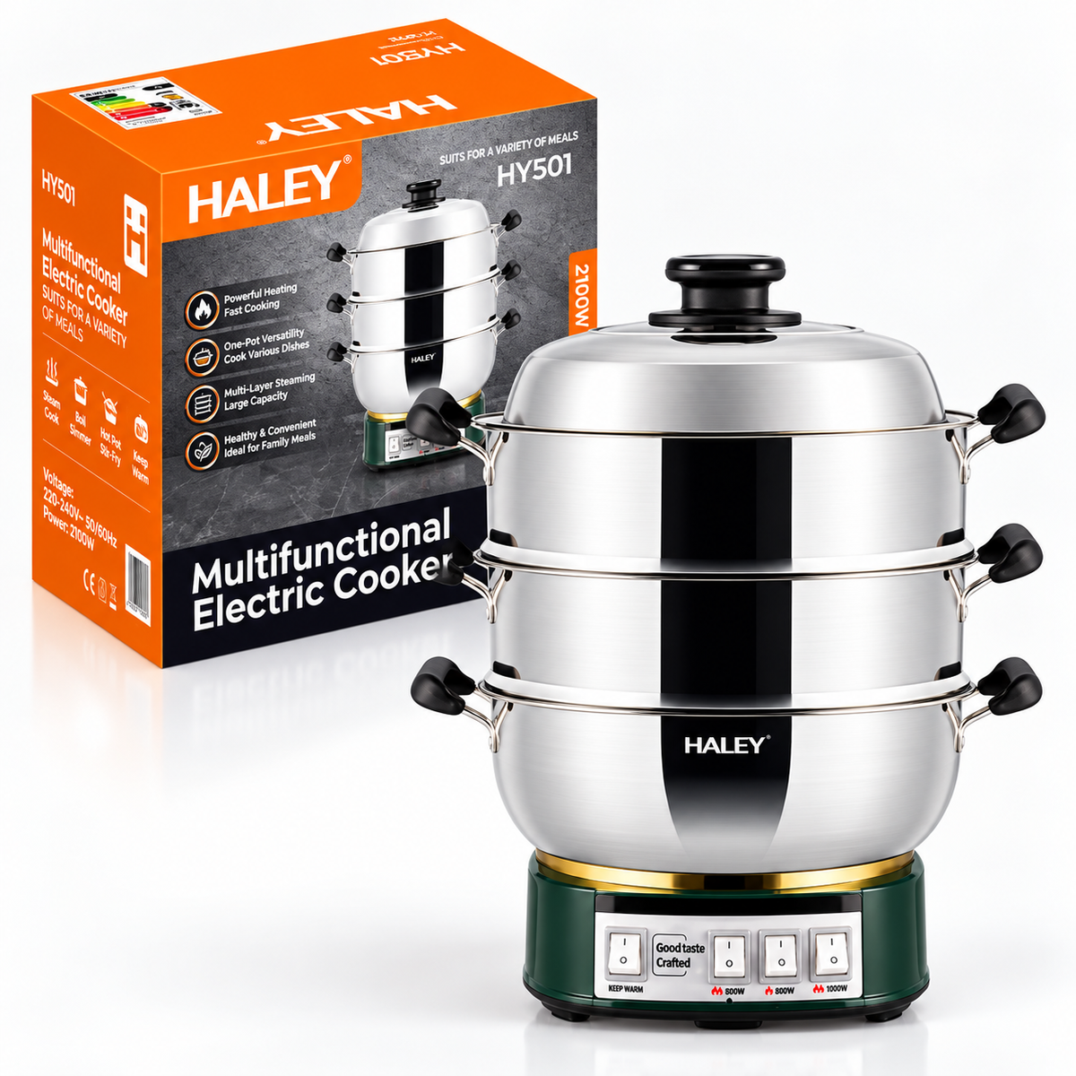 Vas Electric Multifunctional, 2100W, 2 Niveluri pentru Abur, 3 Trepte de Putere, Functie Keep Warm, Fierbere si Gatire la Abur,