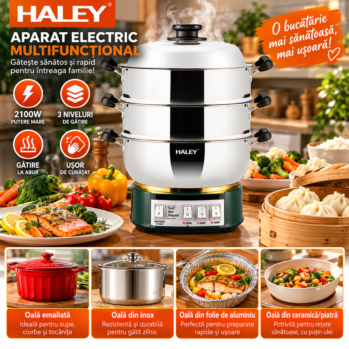 Vas Electric Multifunctional, 2100W, 2 Niveluri pentru Abur, 3 Trepte de Putere, Functie Keep Warm, Fierbere si Gatire la Abur,