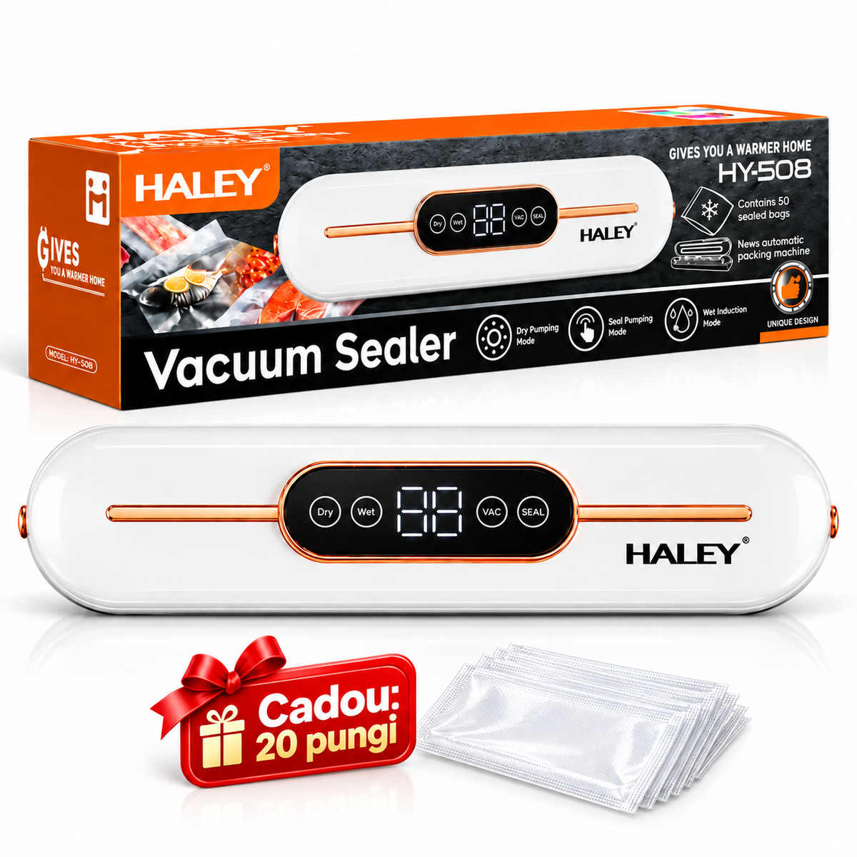 Aparat Vidat, 90W, Vacuum -60 kPa, Functie Dry/Wet, Sigilare Termica, Control Aspirare, 20 Pungi Incluse