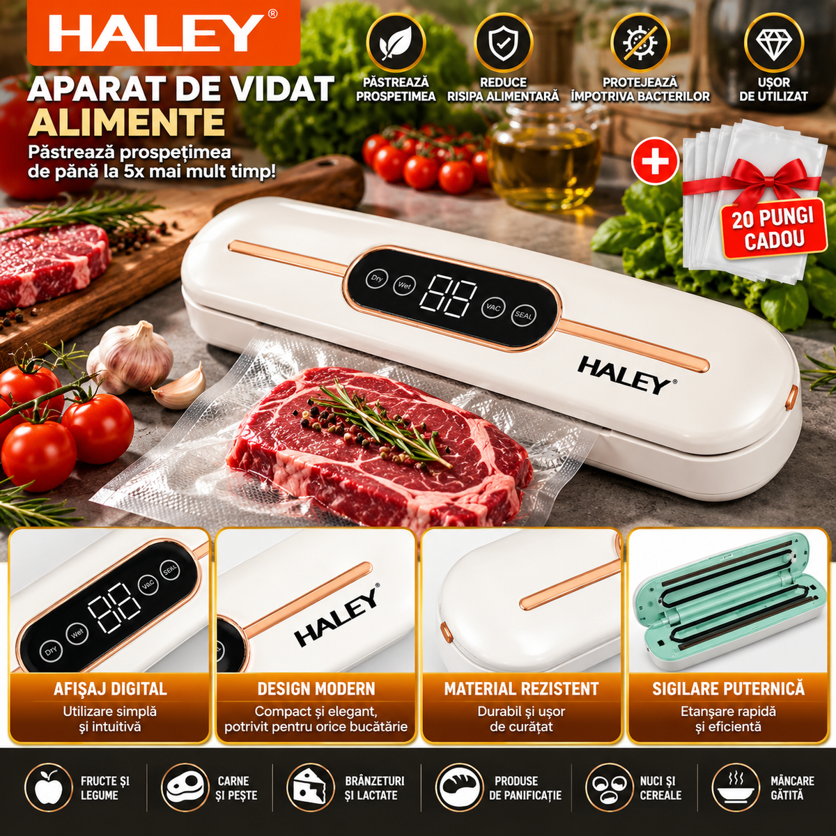 Aparat Vidat, 90W, Vacuum -60 kPa, Functie Dry/Wet, Sigilare Termica, Control Aspirare, 20 Pungi Incluse