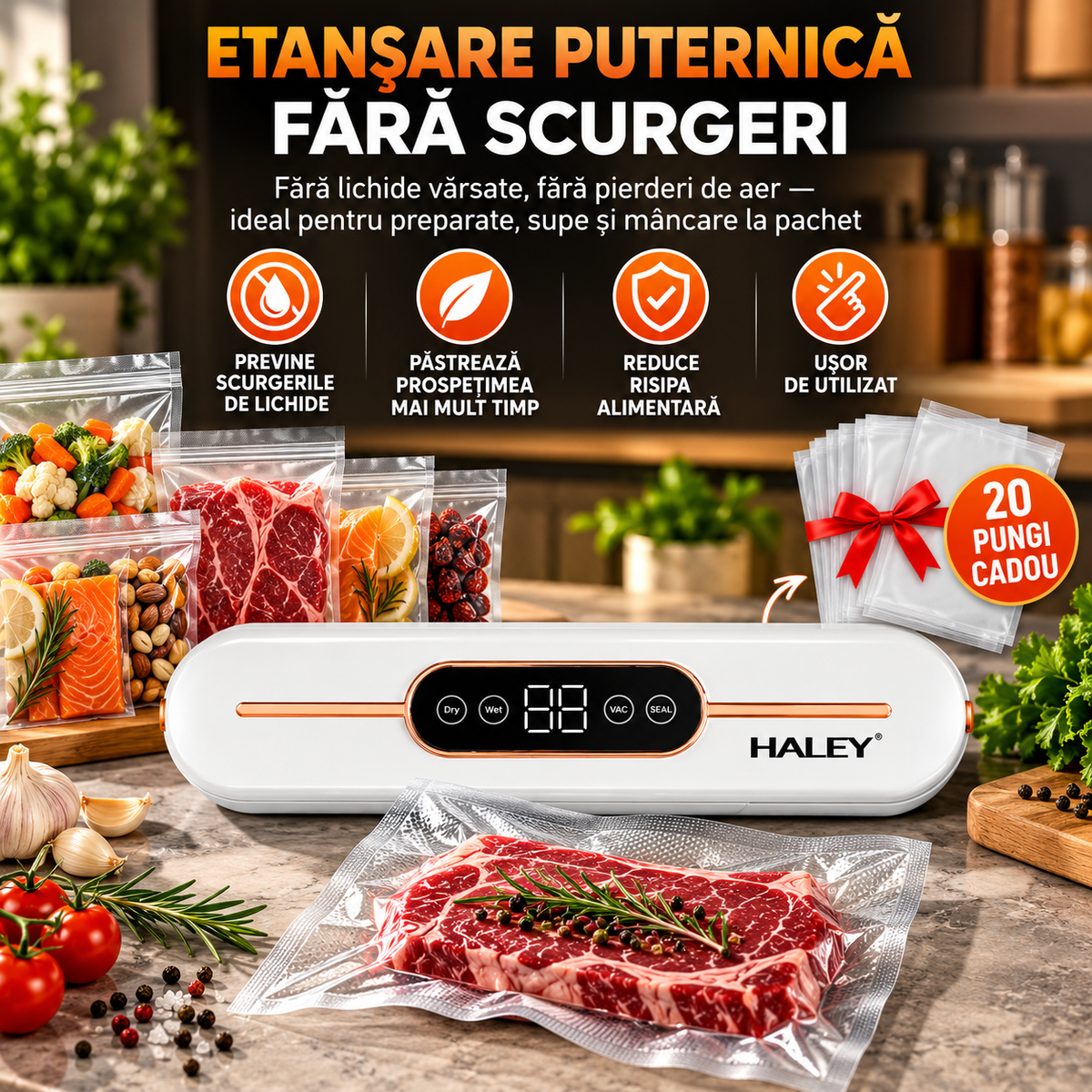 Aparat Vidat, 90W, Vacuum -60 kPa, Functie Dry/Wet, Sigilare Termica, Control Aspirare, 20 Pungi Incluse