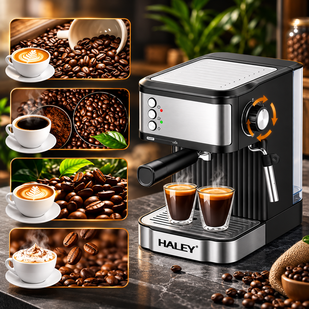 Espressor Automat, 850W, Presiune 20 Bar, Rezervor 1.8L, Sistem Apa Fierbinte, Oprire Automata, Inox