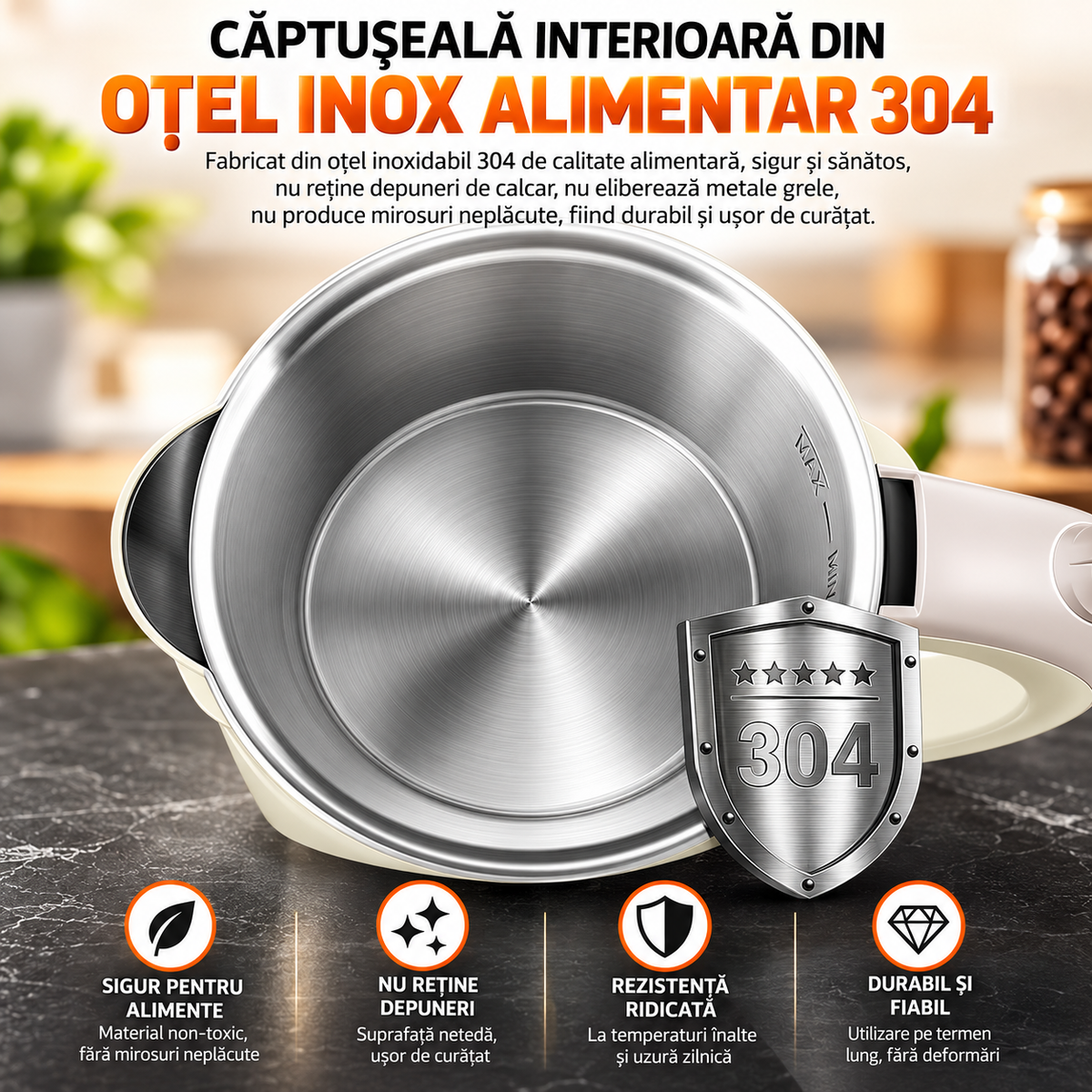 Fierbator Electric, 2.5L, 1500W, Interior Inox SUS304, Izolatie Dubla, Oprire Automata 3-Way, Baza 360°
