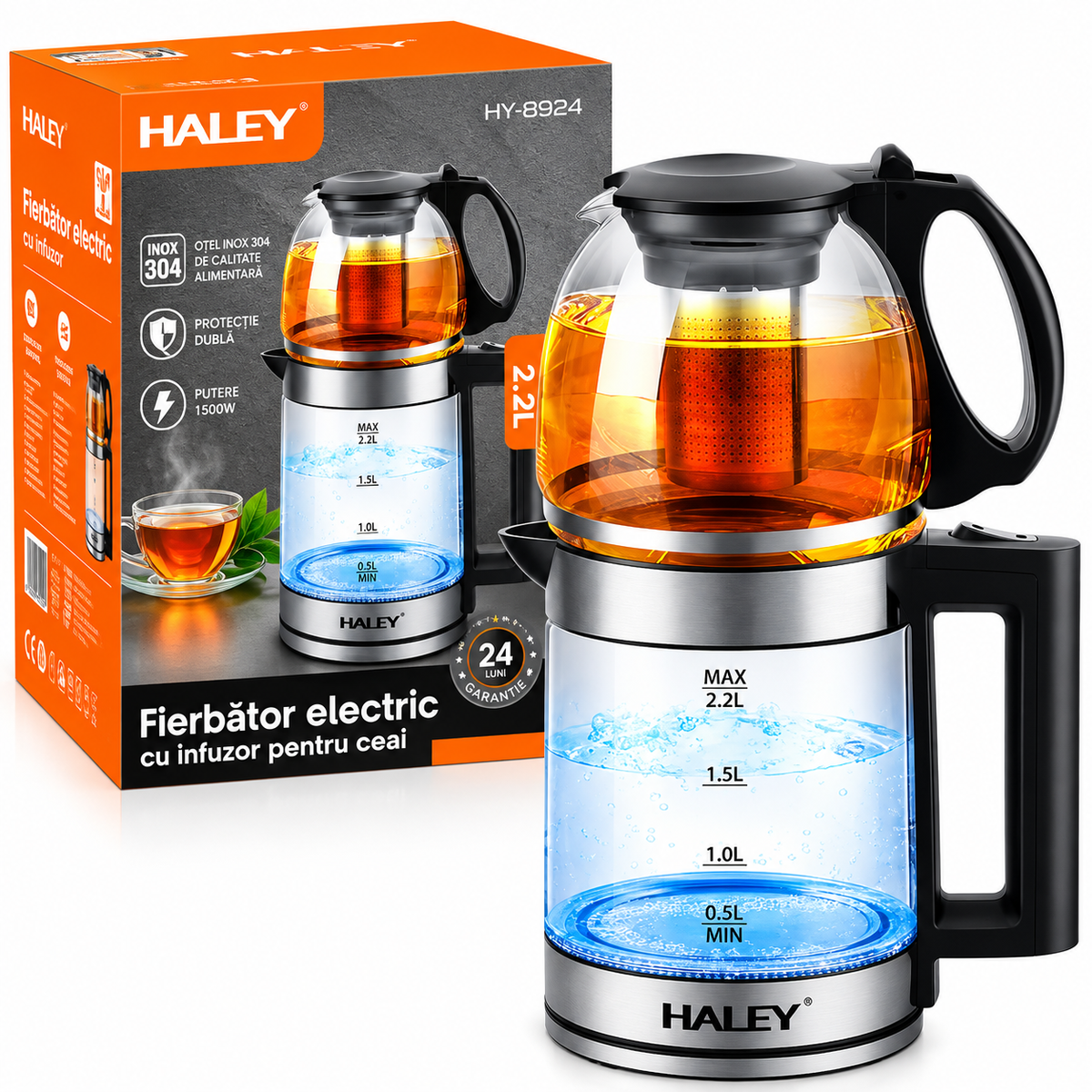 Fierbator Electric, 2.2L, 2000W, Inox 304, Afisaj Digital, Oprire Automata, Protectie Boil-Dry, Baza Rotativa 360°