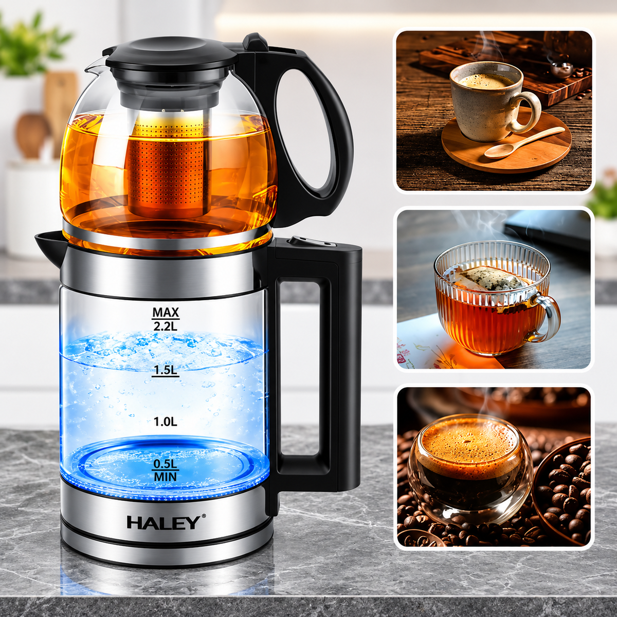 Fierbator Electric, 2.2L, 2000W, Inox 304, Afisaj Digital, Oprire Automata, Protectie Boil-Dry, Baza Rotativa 360°