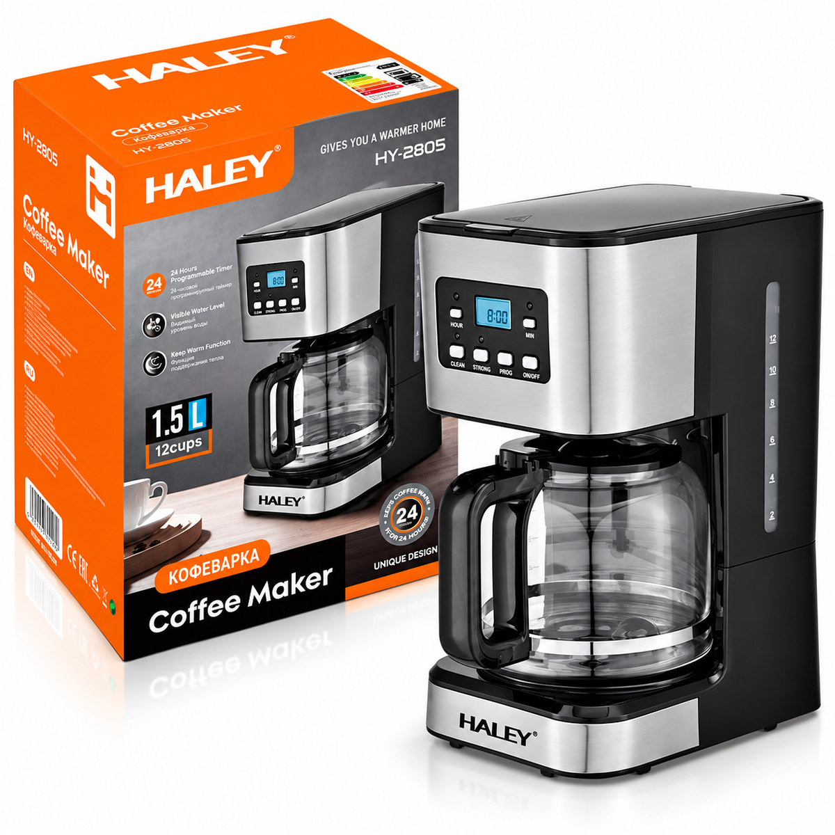 Cafetiera Electrica, 950W, Capacitate 1.5L, Display LED, Sistem Anti-Picurare, Mentinere la Cald, Control Temperatura, Corp Inox