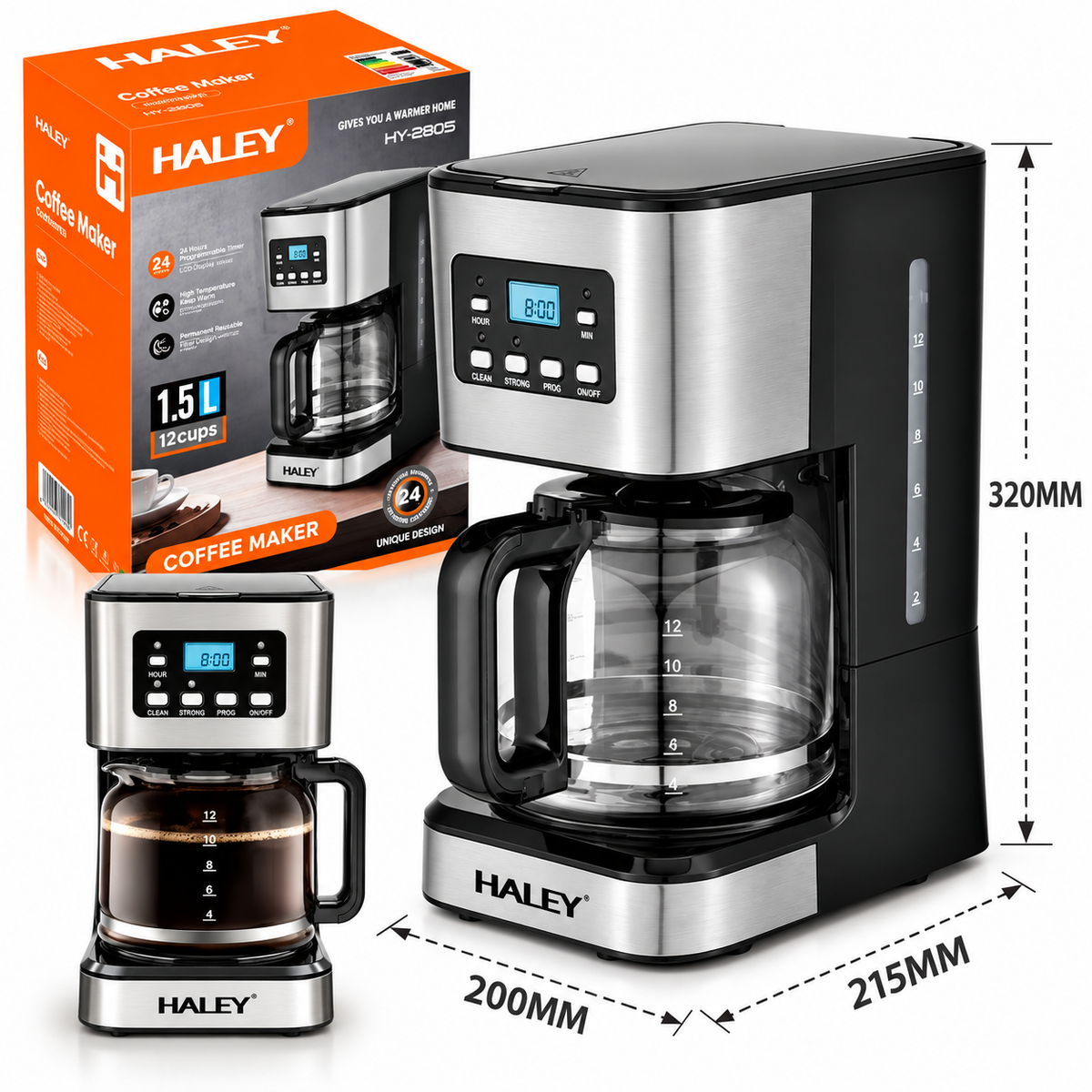 Cafetiera Electrica, 950W, Capacitate 1.5L, Display LED, Sistem Anti-Picurare, Mentinere la Cald, Control Temperatura, Corp Inox