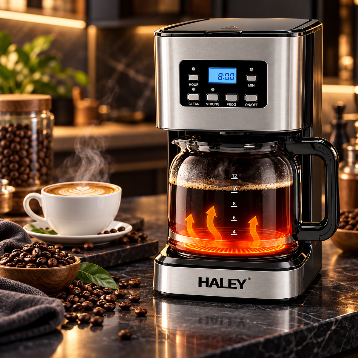 Cafetiera Electrica, 950W, Capacitate 1.5L, Display LED, Sistem Anti-Picurare, Mentinere la Cald, Control Temperatura, Corp Inox