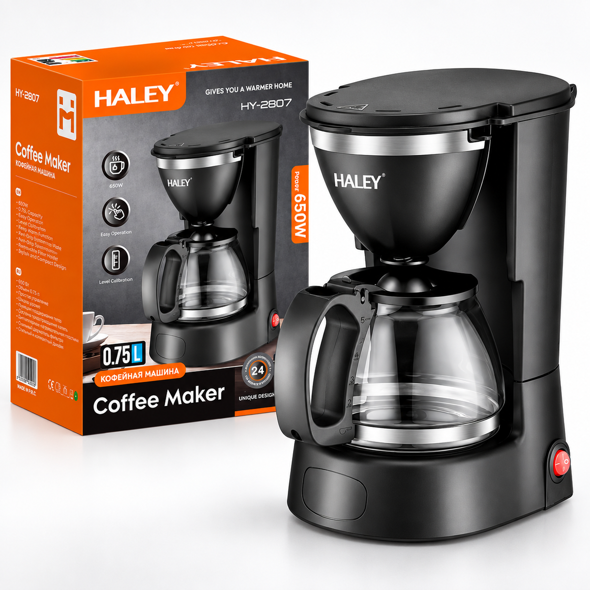 Cafetiera Electrica, 650W, Capacitate 750 ml, Carafa din Sticla, Sistem Anti-Picurare, Mentinere la Cald 40 Min, Oprire Automata