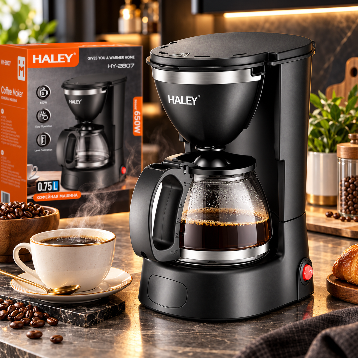 Cafetiera Electrica, 650W, Capacitate 750 ml, Carafa din Sticla, Sistem Anti-Picurare, Mentinere la Cald 40 Min, Oprire Automata