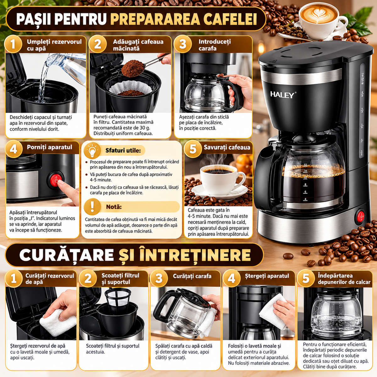 Cafetiera Electrica, 800W, Capacitate 1.25L, pana la 12 Cesti, Indicator Nivel Apa, Sistem de Siguranta, Design Compact