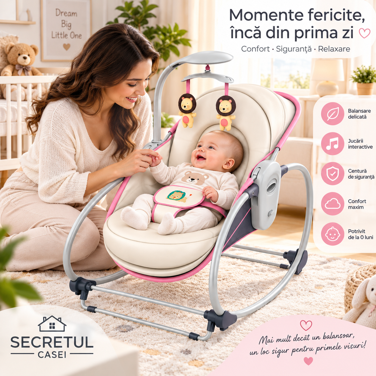 Balansoar 5 in 1 pentru bebelusi si copii, cu vibratii si melodii, transformabil in landou si scaun