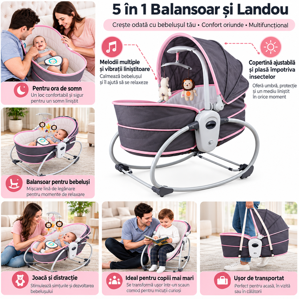 Balansoar 5 in 1 pentru bebelusi si copii, cu vibratii si melodii, transformabil in landou si scaun