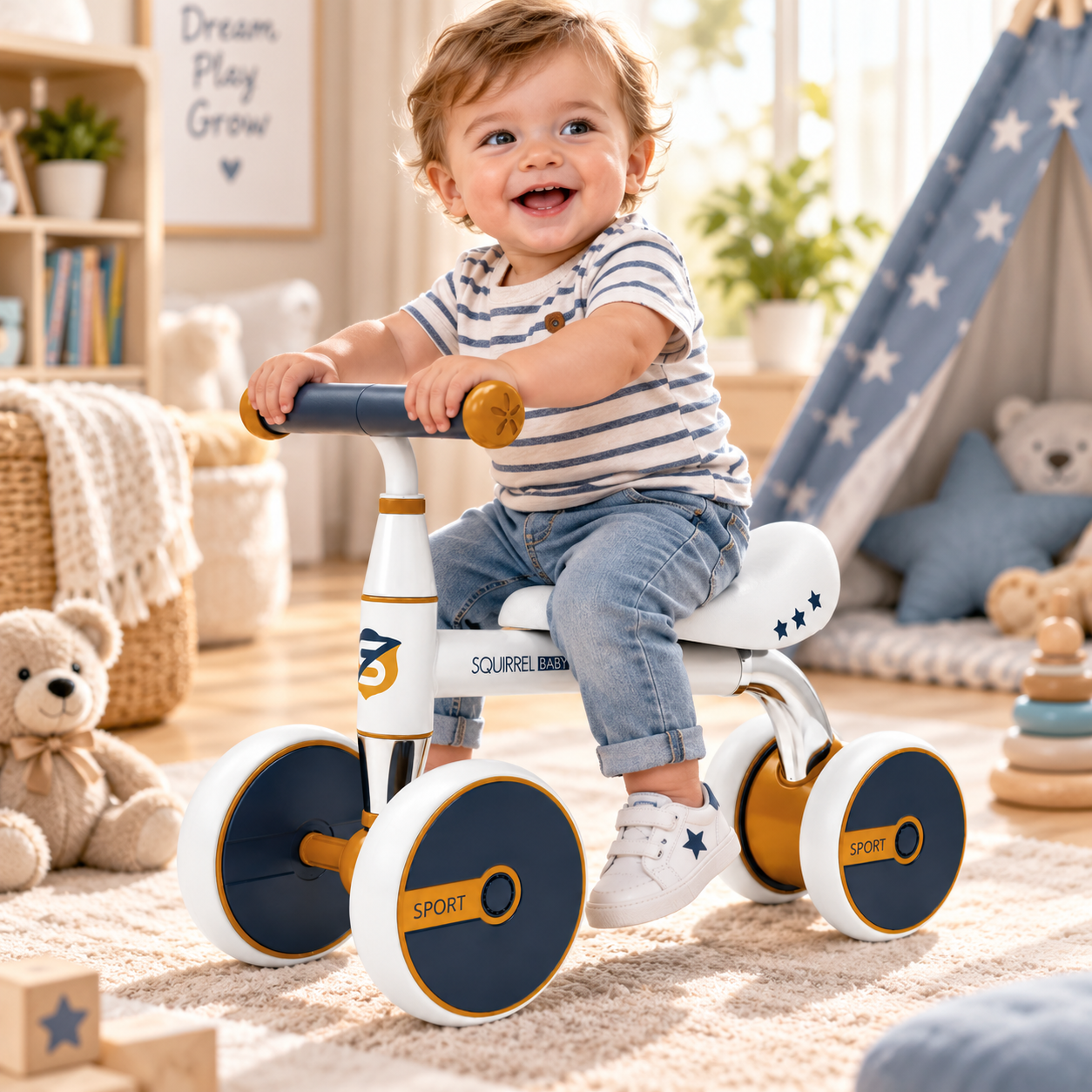 Bicicleta de echilibru 4 roti AT PERFORMANCE pentru copii, fara pedale, cadru din otel, directie limitata 45°, roti antiderapante