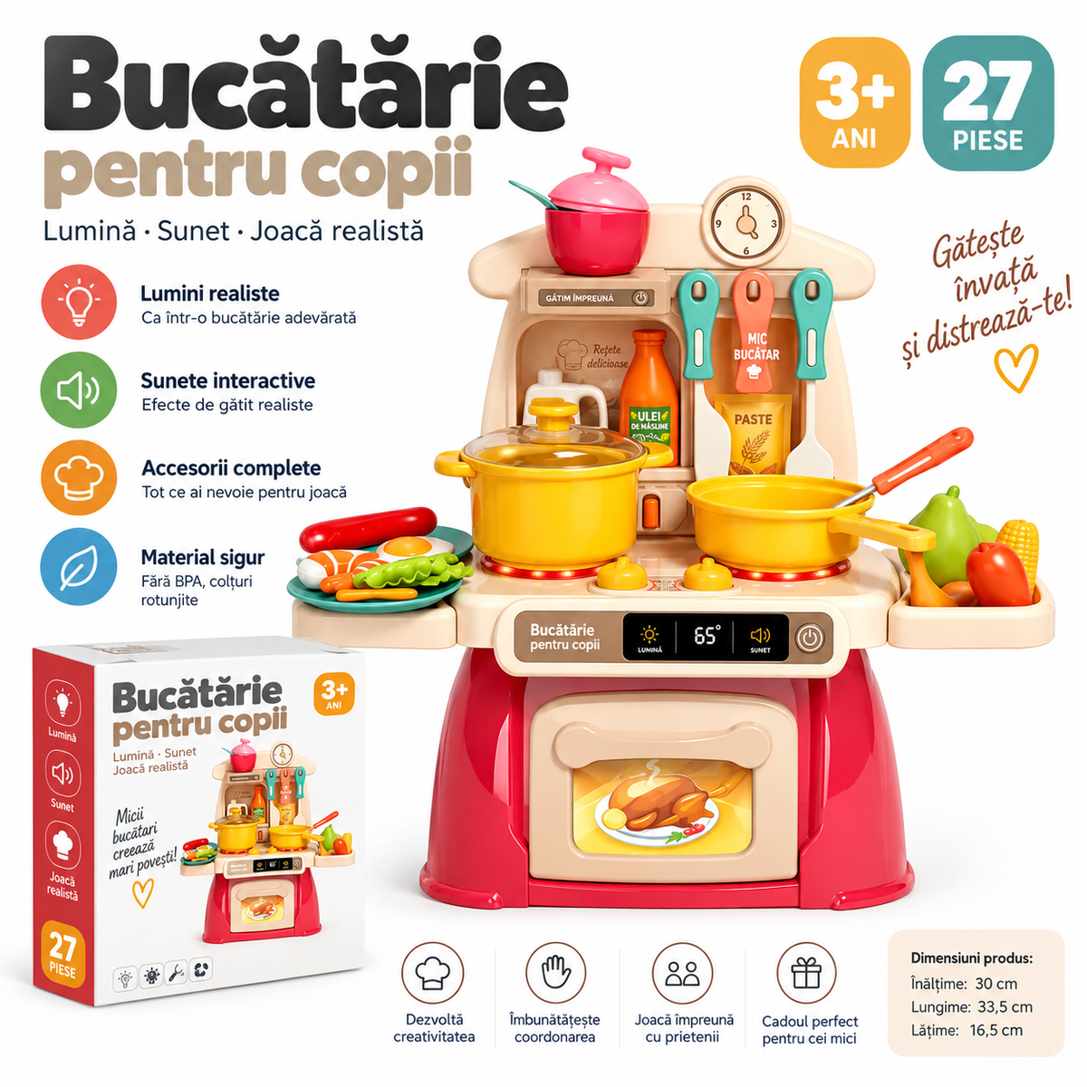 Bucatarie de jucarie pentru copii Home Kitchen, set 27 piese, cu lumini si sunete, accesorii incluse