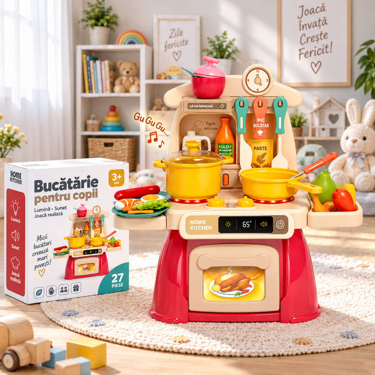 Bucatarie de jucarie pentru copii Home Kitchen, set 27 piese, cu lumini si sunete, accesorii incluse