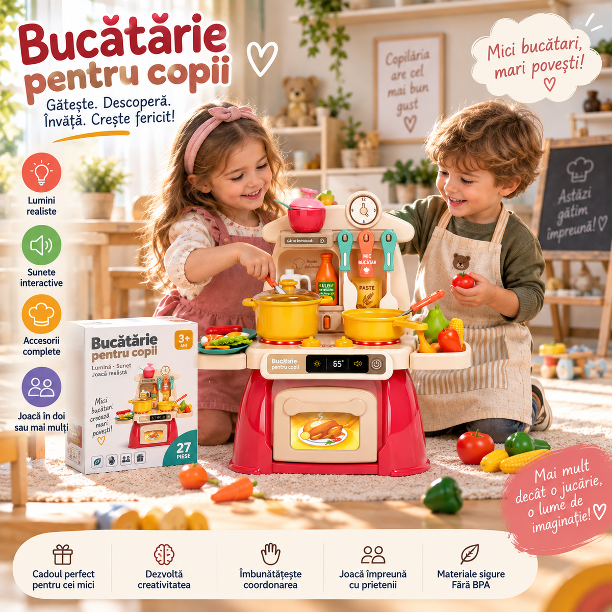 Bucatarie de jucarie pentru copii Home Kitchen, set 27 piese, cu lumini si sunete, accesorii incluse