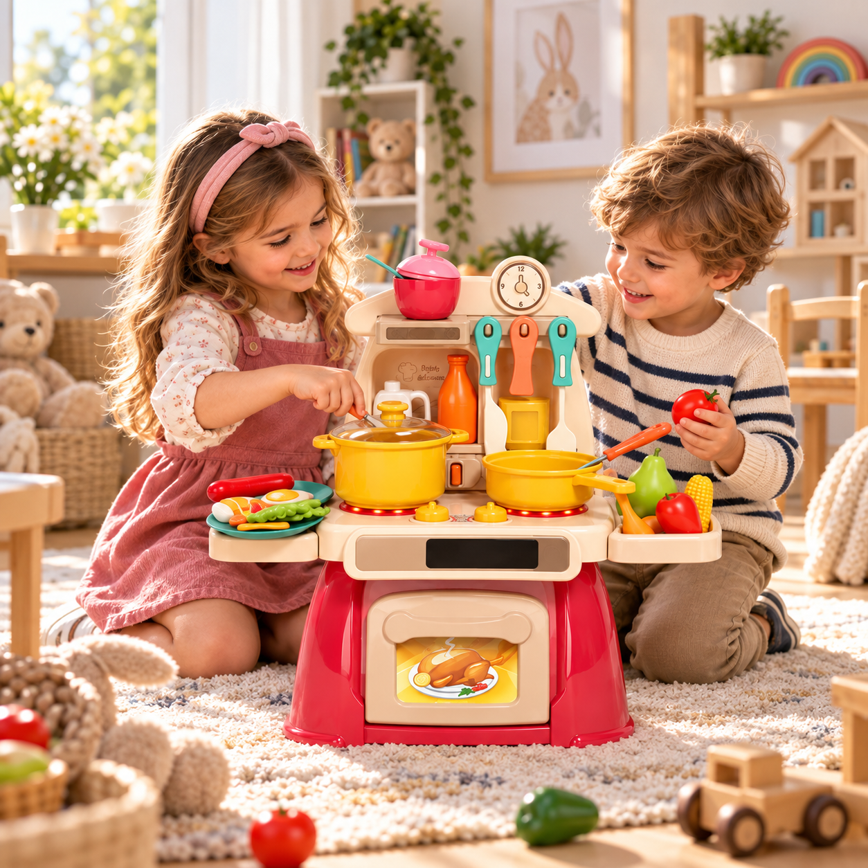 Bucatarie de jucarie pentru copii Home Kitchen, set 27 piese, cu lumini si sunete, accesorii incluse