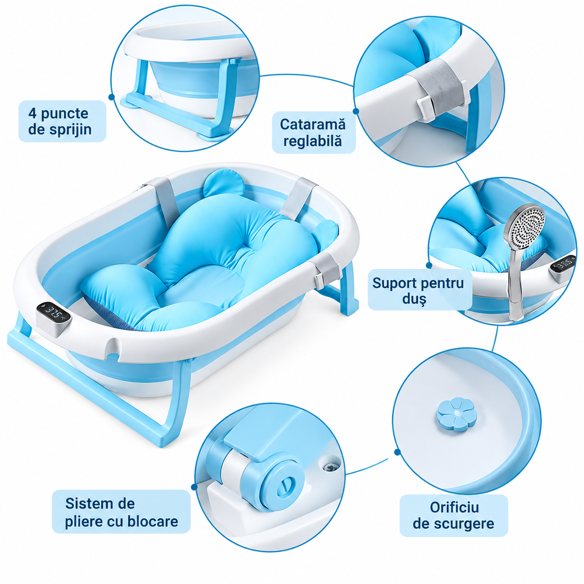Cadita pliabila pentru bebelusi si copii, cu termometru incorporat si perna, 83 x 50 x 20 cm, PP/TPE, picioare antiderapante, 0-3 ani