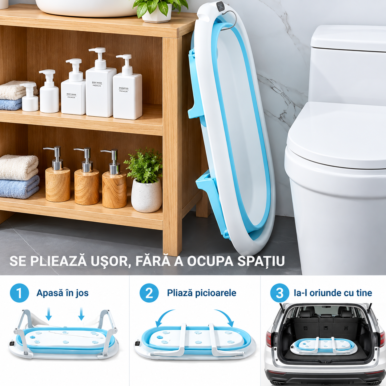 Cadita pliabila pentru bebelusi si copii, cu termometru incorporat si perna, 83 x 50 x 20 cm, PP/TPE, picioare antiderapante, 0-3 ani