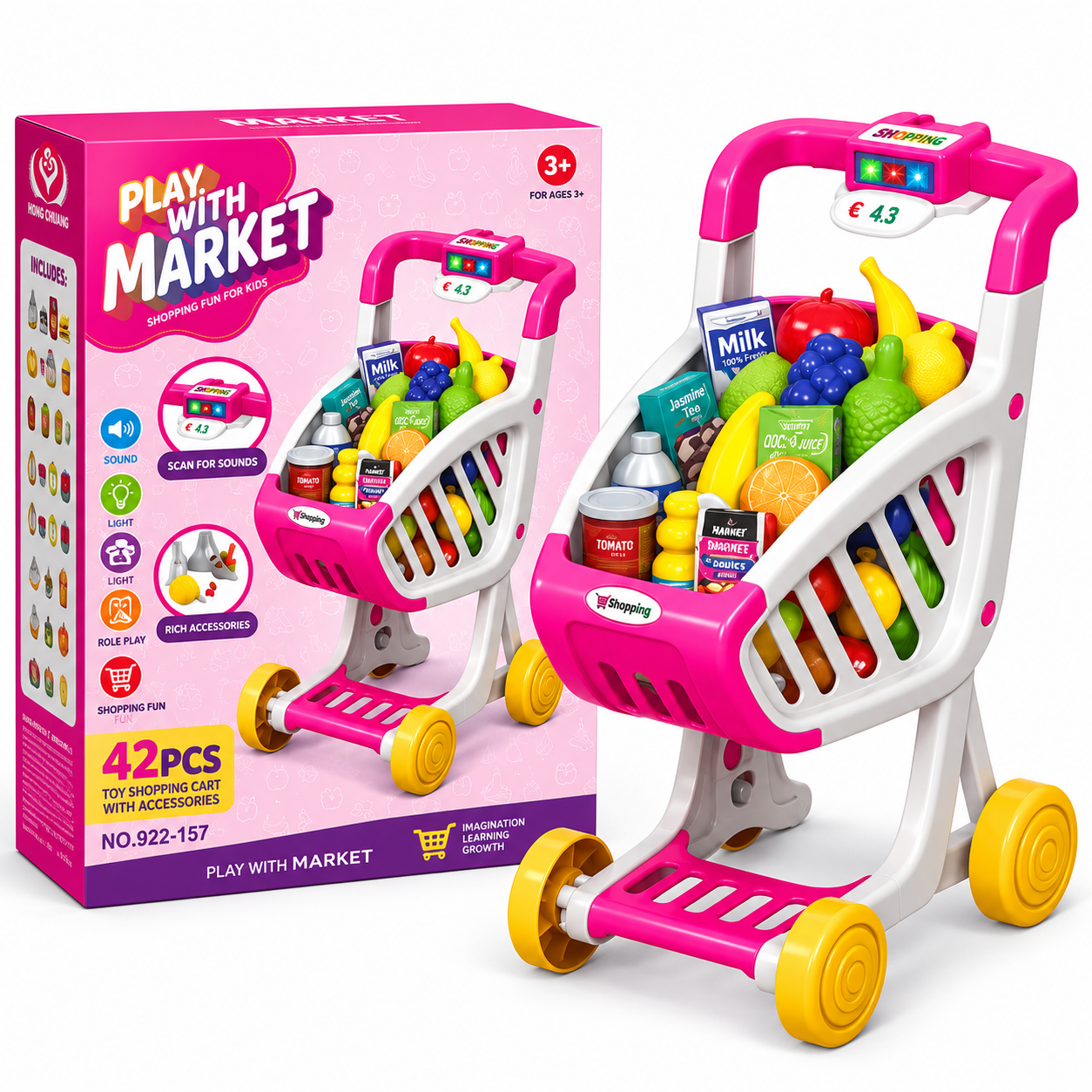 Carucior de cumparaturi Play With Market pentru copii, 42 piese, lumini si sunete, set de joaca cu accesorii