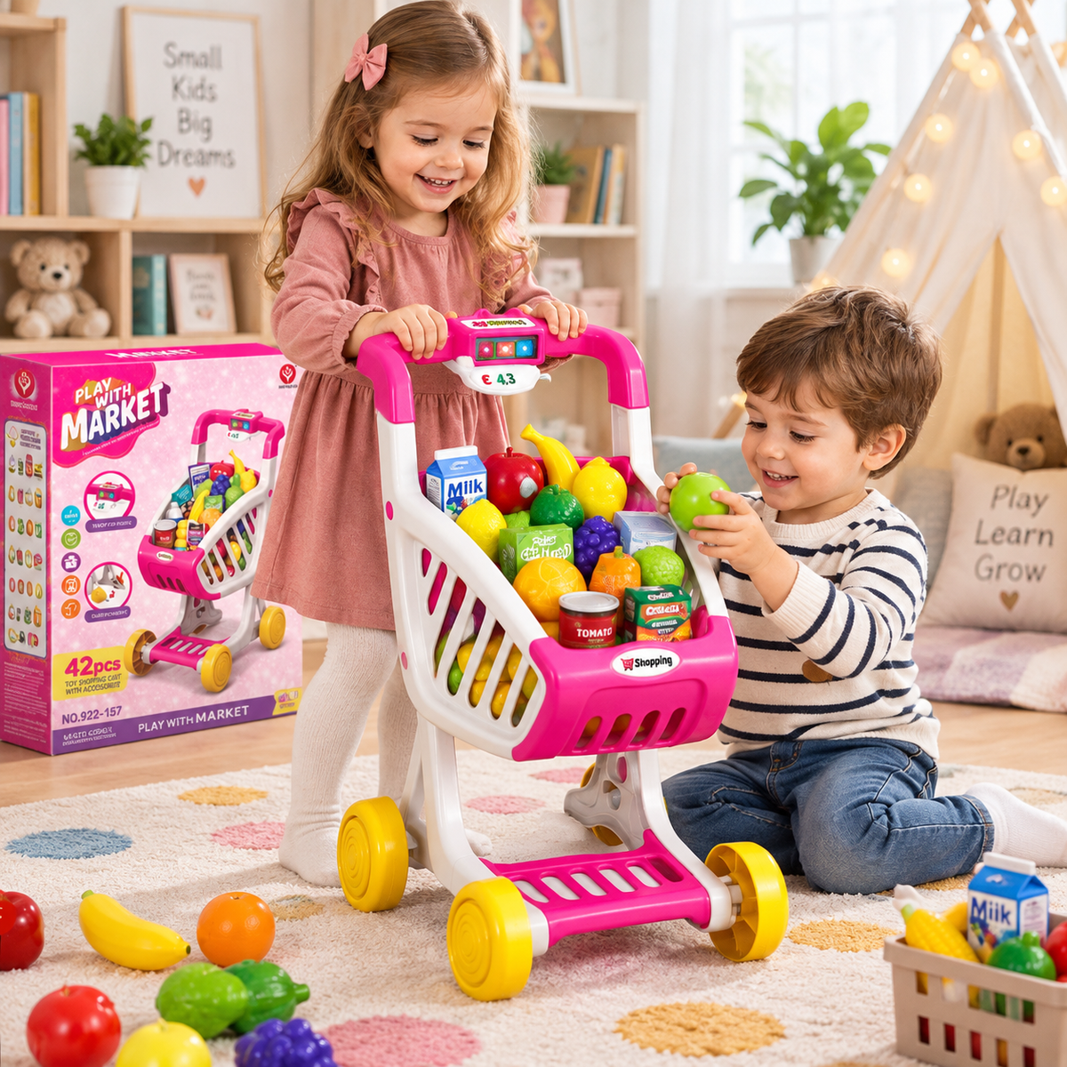 Carucior de cumparaturi Play With Market pentru copii, 42 piese, lumini si sunete, set de joaca cu accesorii