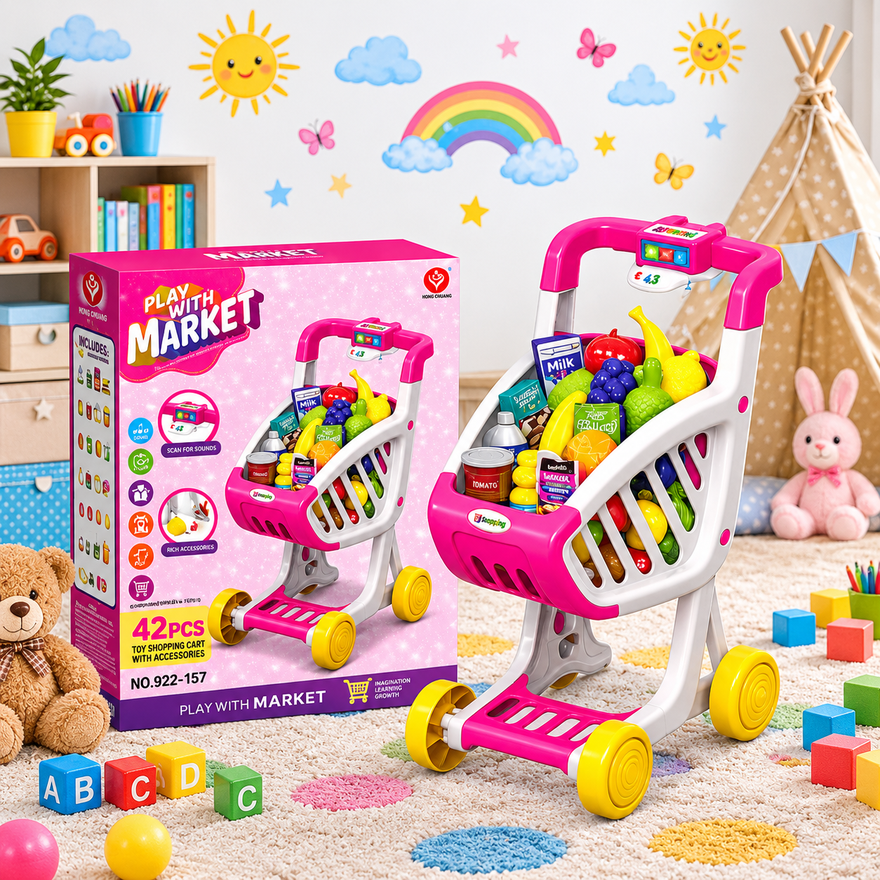 Carucior de cumparaturi Play With Market pentru copii, 42 piese, lumini si sunete, set de joaca cu accesorii