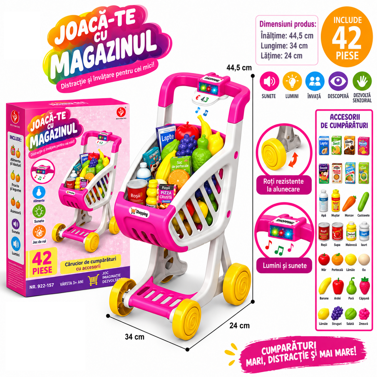 Carucior de cumparaturi Play With Market pentru copii, 42 piese, lumini si sunete, set de joaca cu accesorii