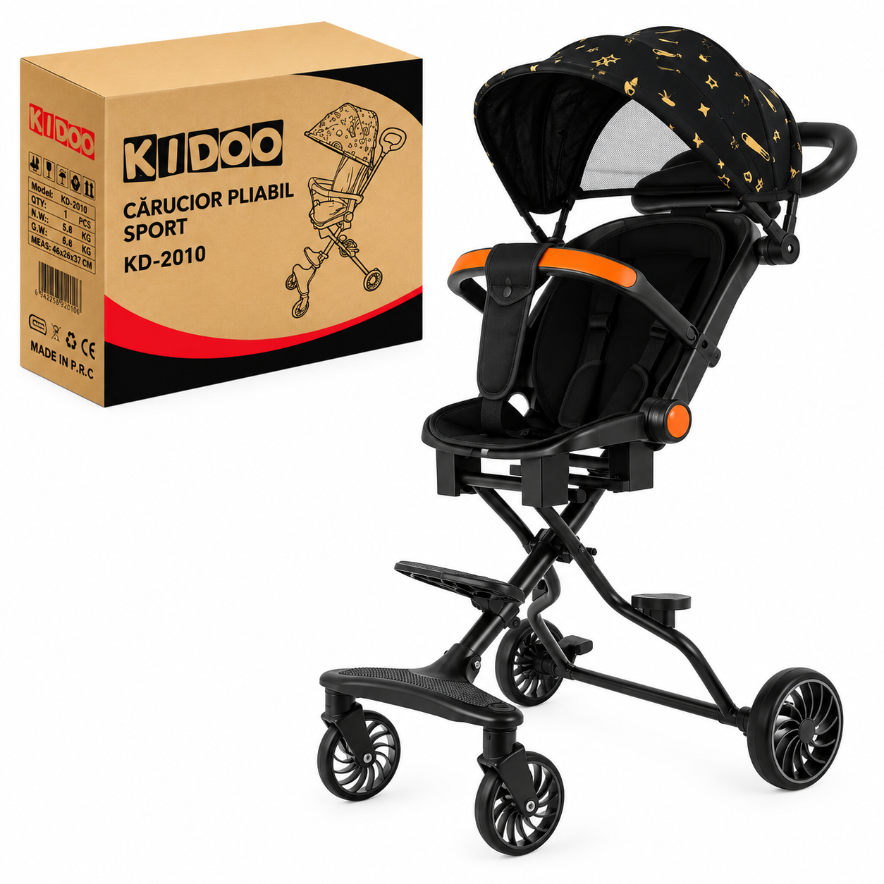 Carucior pliabil KIDOO, compact și ușor, pliere rapida, copertina extensibila, cos de depozitare, pentru copii 6–36 luni