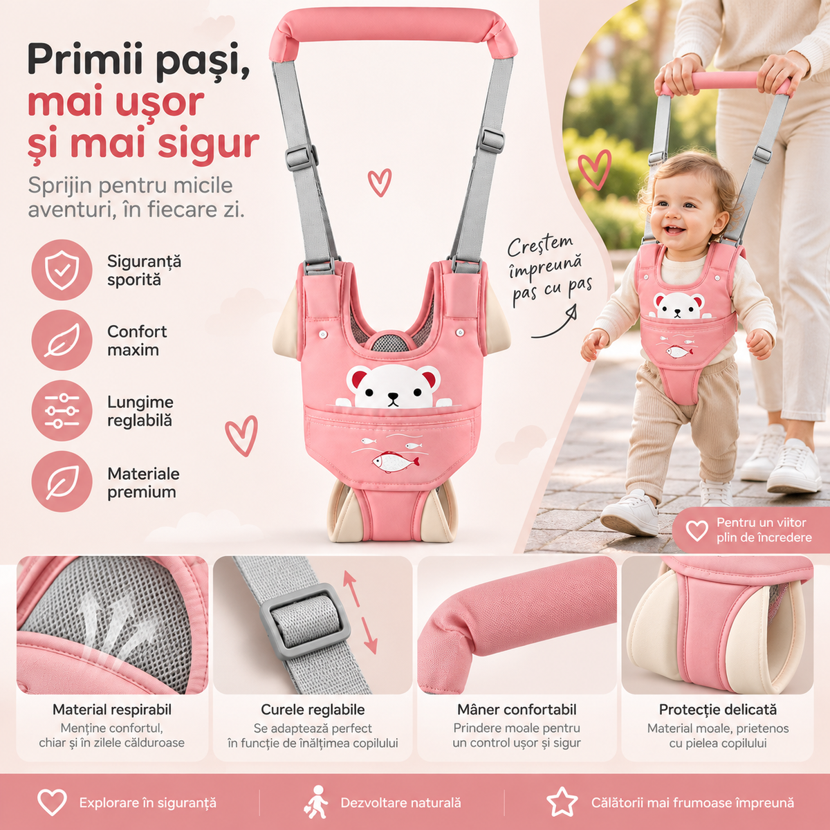 Ham bebe cu suport tip chilot detasabil, premergator, asistare mers, varsta 6-24 luni, bumbac, plasa, ergonomic si sigur