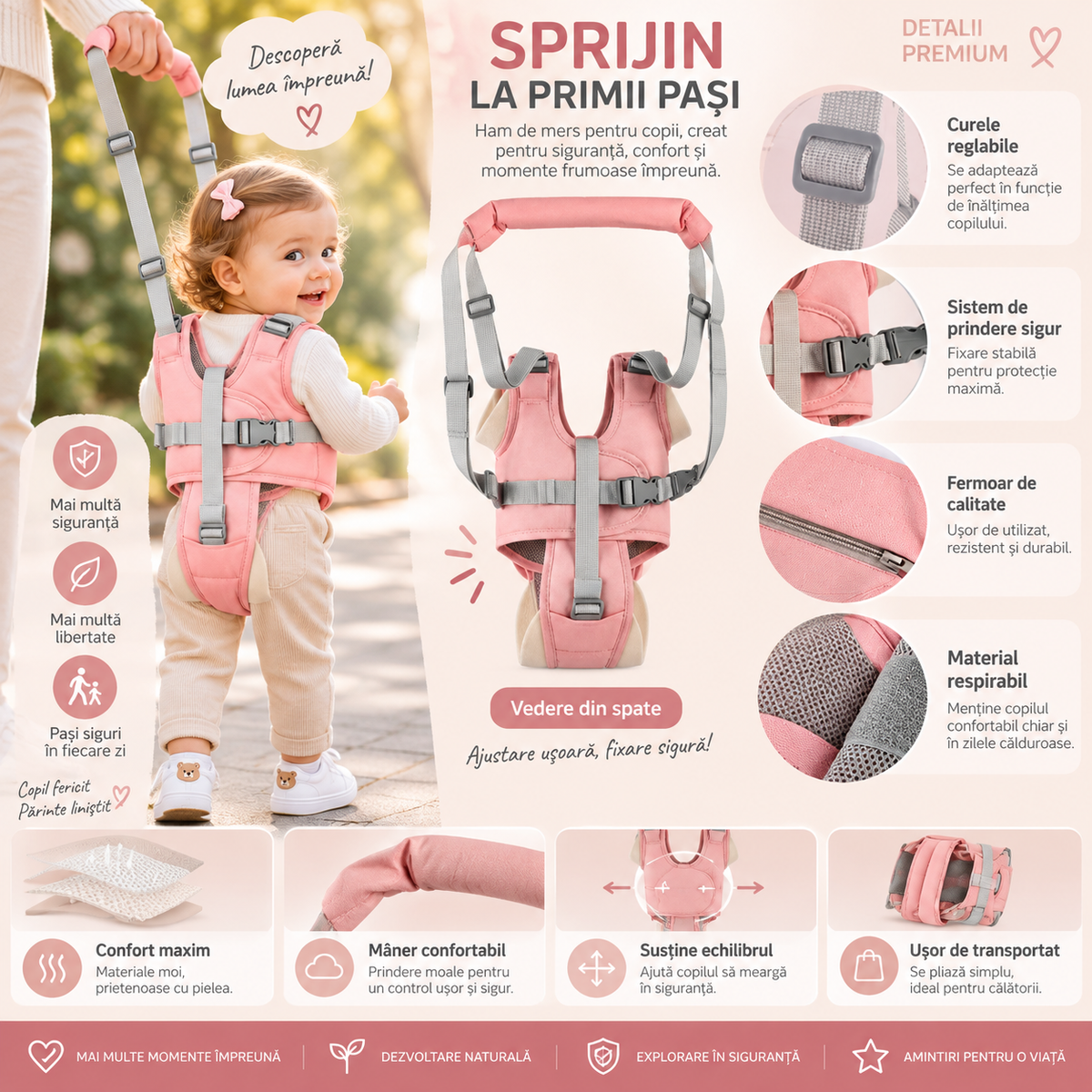Ham bebe cu suport tip chilot detasabil, premergator, asistare mers, varsta 6-24 luni, bumbac, plasa, ergonomic si sigur