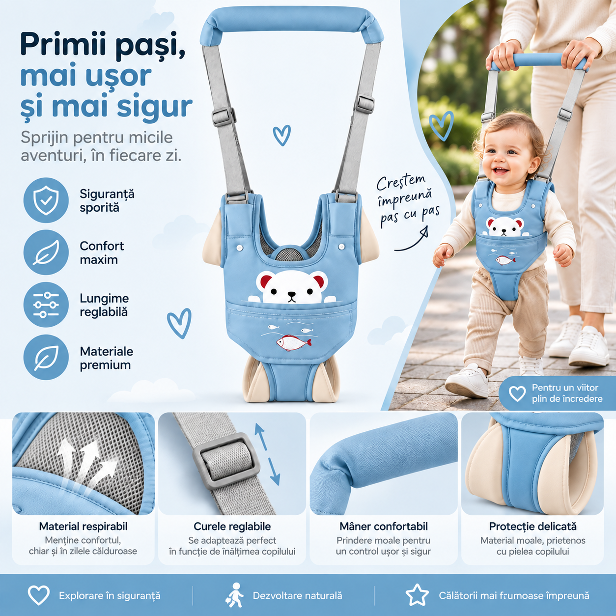 Ham bebe cu suport tip chilot detasabil, premergator, asistare mers, varsta 6-24 luni, bumbac, plasa, ergonomic si sigur