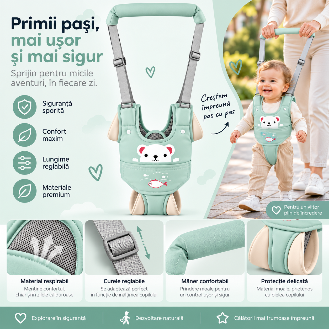 Ham bebe cu suport tip chilot detasabil, premergator, asistare mers, varsta 6-24 luni, bumbac, plasa, ergonomic si sigur