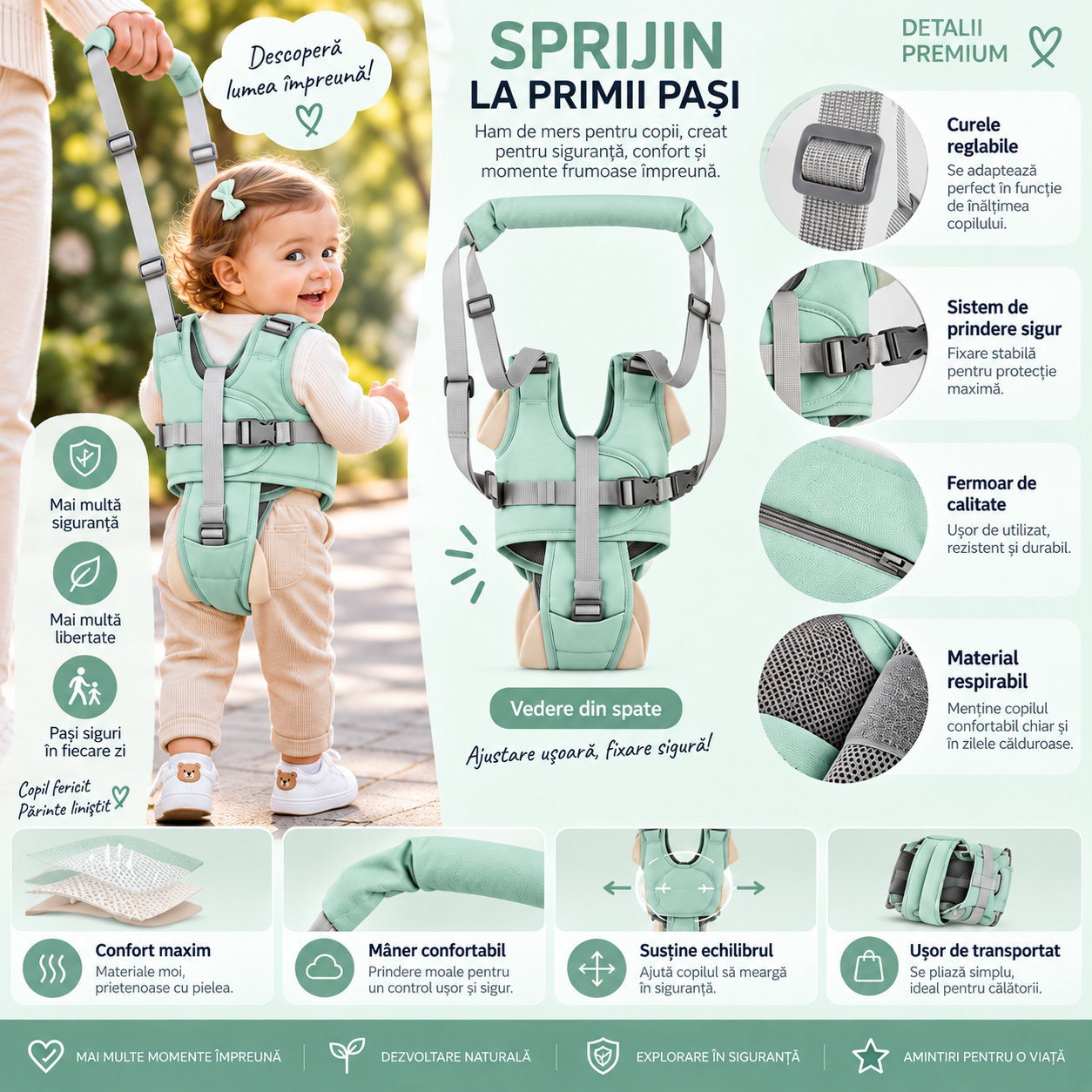 Ham bebe cu suport tip chilot detasabil, premergator, asistare mers, varsta 6-24 luni, bumbac, plasa, ergonomic si sigur