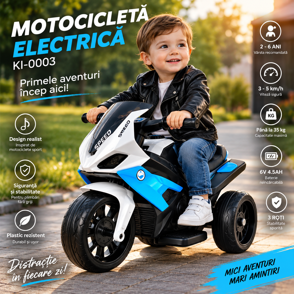 Motocicleta electrica pentru copii, 3-5 km/h, 6V, autonomie 8 h, 3 Roti, baterie reincarcabila, 2-6 Ani