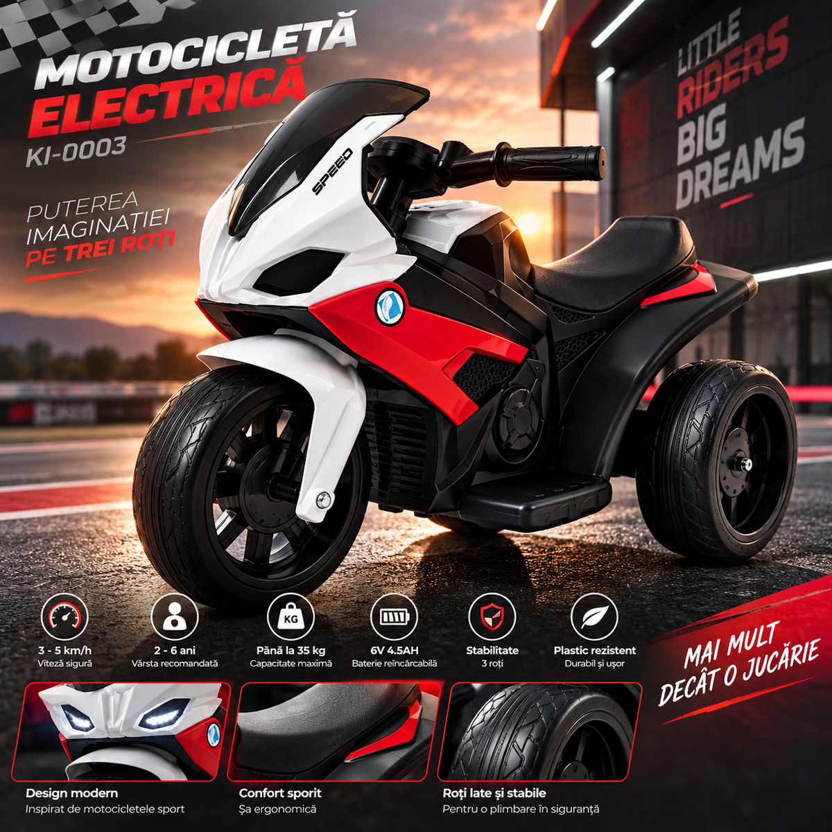 Motocicleta electrica pentru copii, 3-5 km/h, 6V, autonomie 8 h, 3 Roti, baterie reincarcabila, 2-6 Ani