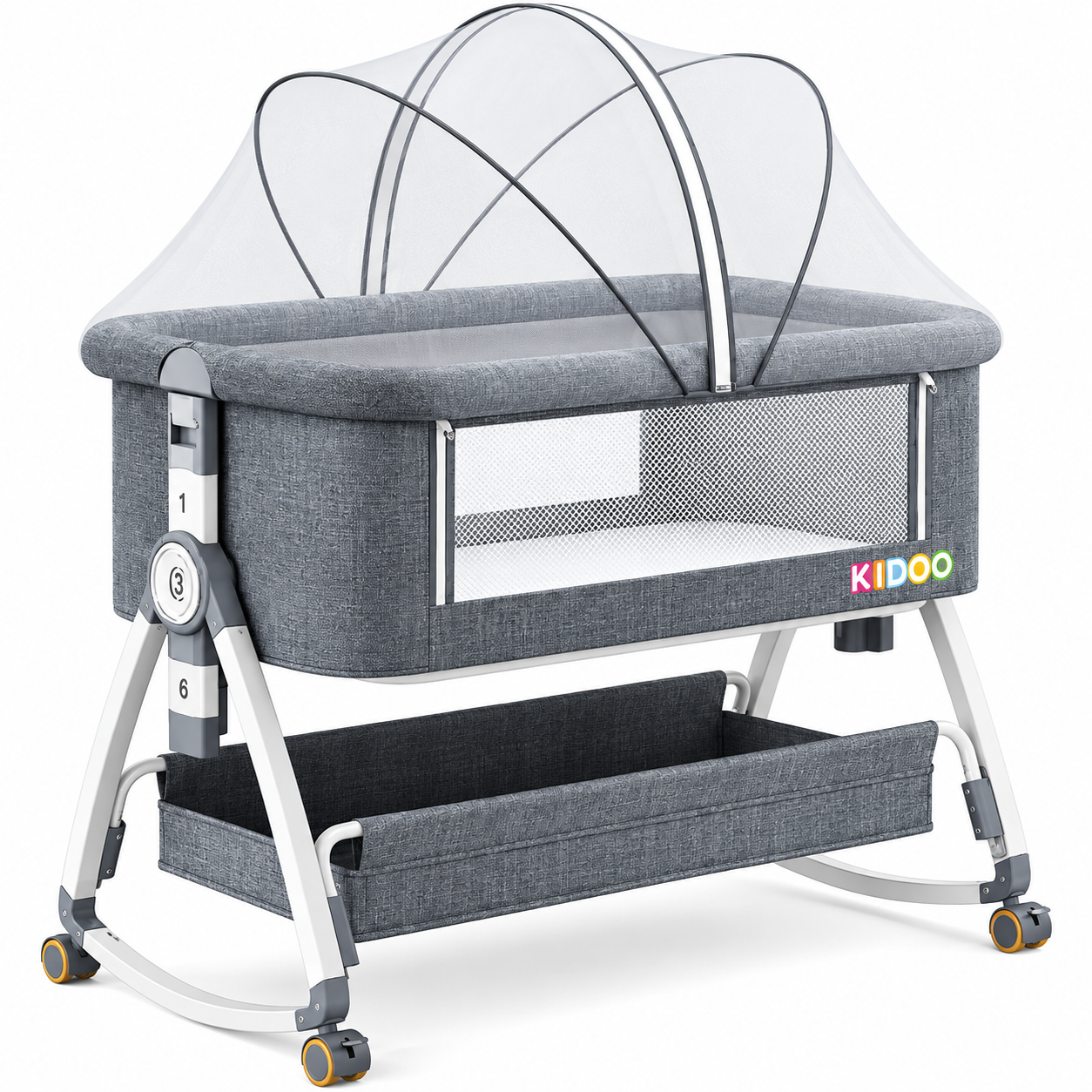 Patut portabil bebelusi KIDOO, 6 in 1, co-sleeping, masa de infasat, plasa anti-tantari, 5 trepte de reglare, saltea inclusa, pliabil