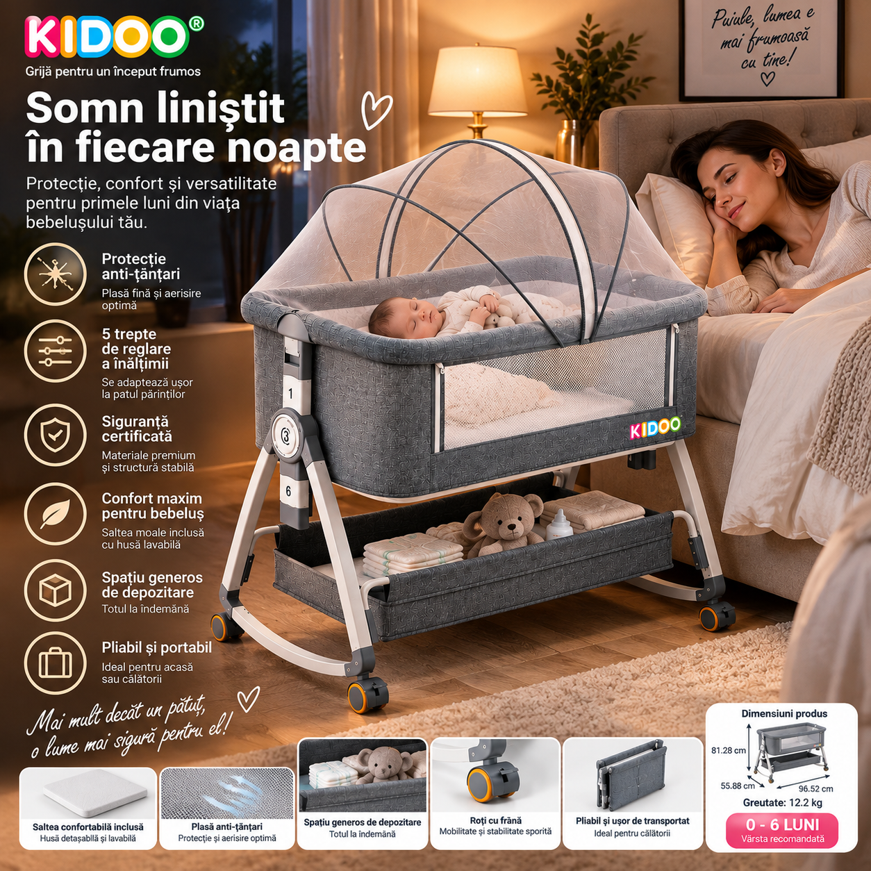 Patut portabil bebelusi KIDOO, 6 in 1, co-sleeping, masa de infasat, plasa anti-tantari, 5 trepte de reglare, saltea inclusa, pliabil
