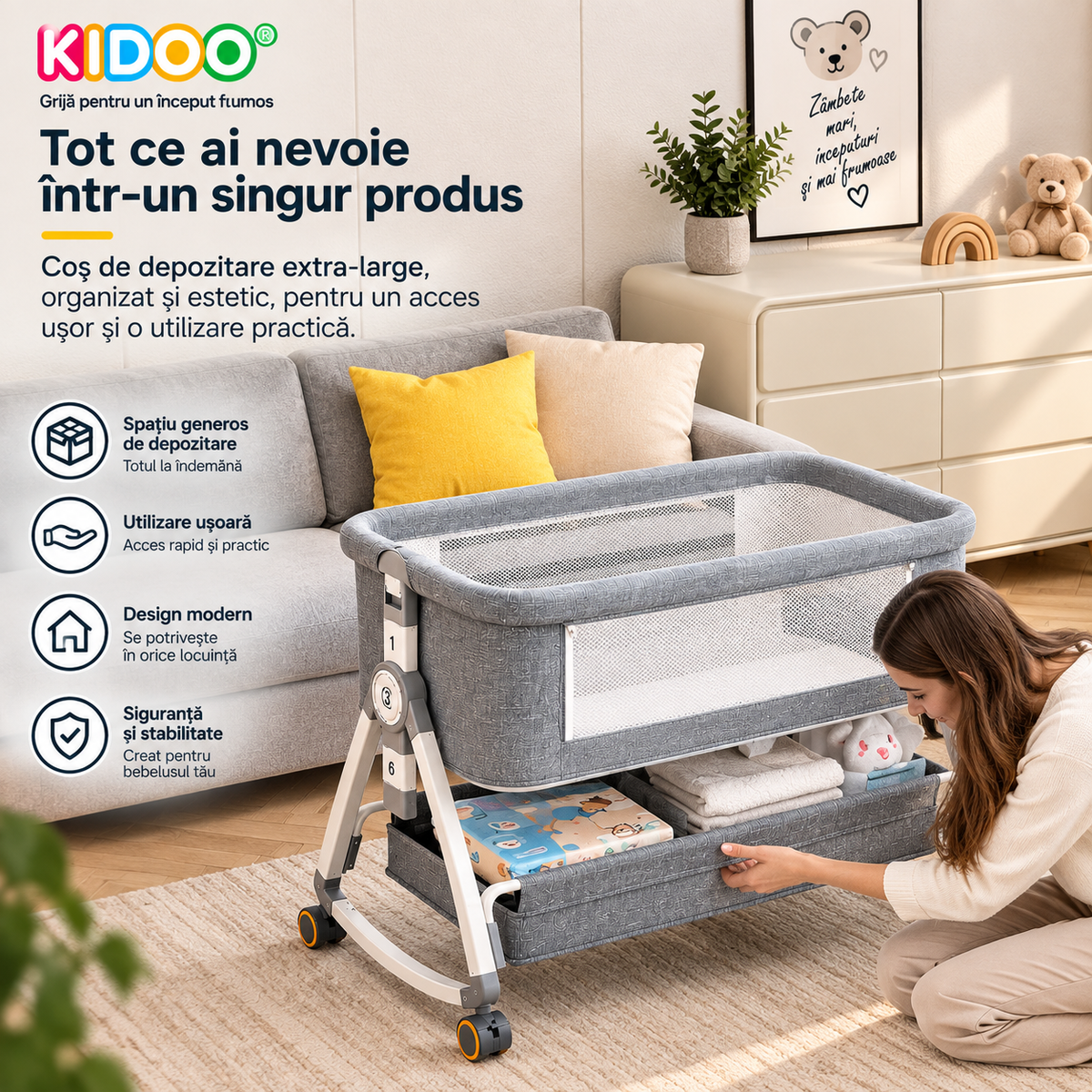Patut portabil bebelusi KIDOO, 6 in 1, co-sleeping, masa de infasat, plasa anti-tantari, 5 trepte de reglare, saltea inclusa, pliabil