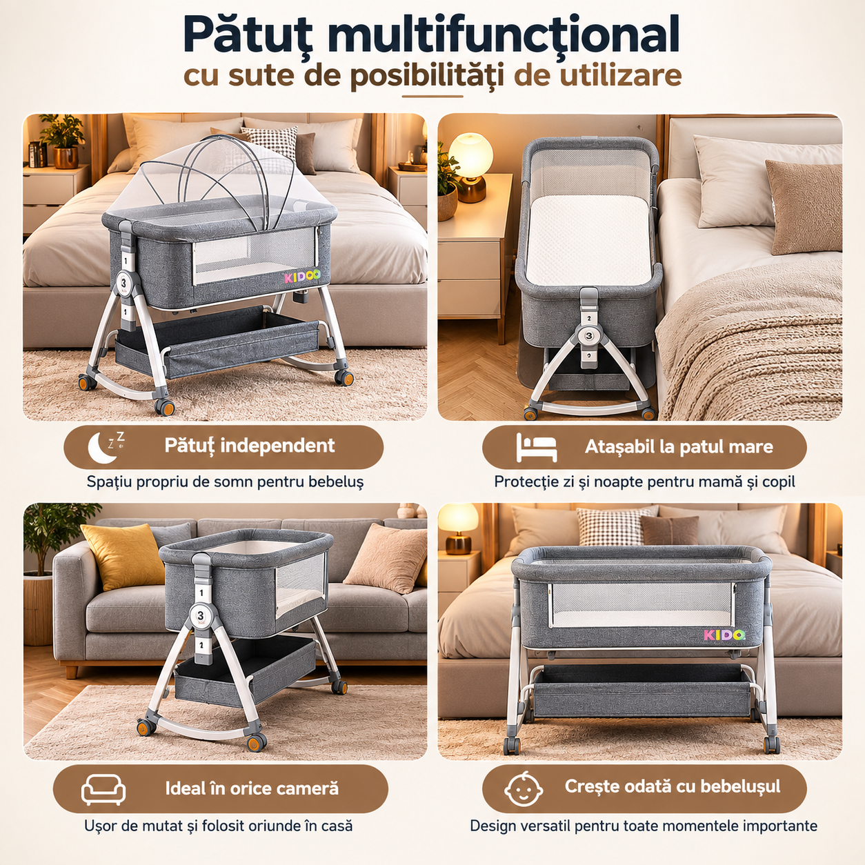 Patut portabil bebelusi KIDOO, 6 in 1, co-sleeping, masa de infasat, plasa anti-tantari, 5 trepte de reglare, saltea inclusa, pliabil