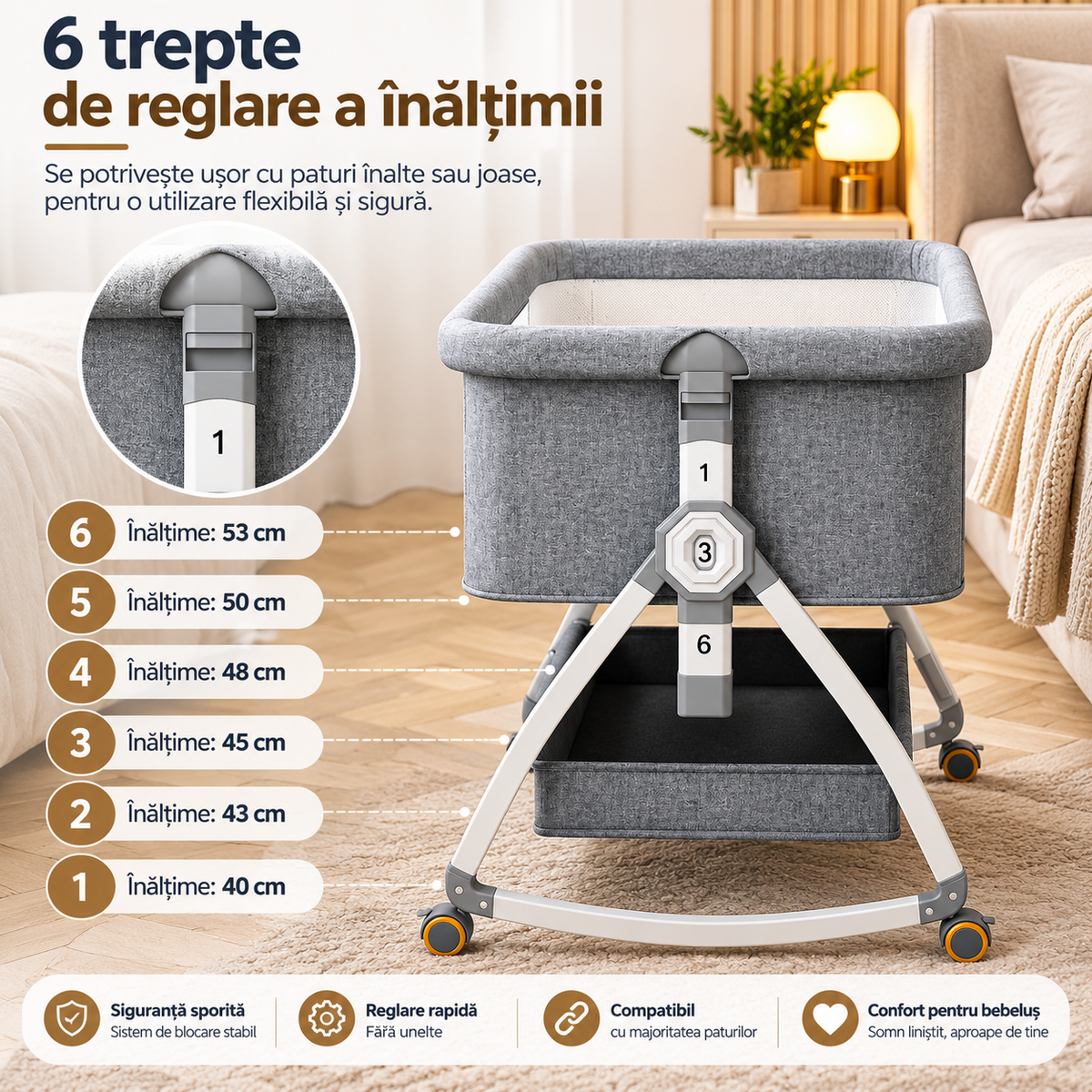 Patut portabil bebelusi KIDOO, 6 in 1, co-sleeping, masa de infasat, plasa anti-tantari, 5 trepte de reglare, saltea inclusa, pliabil