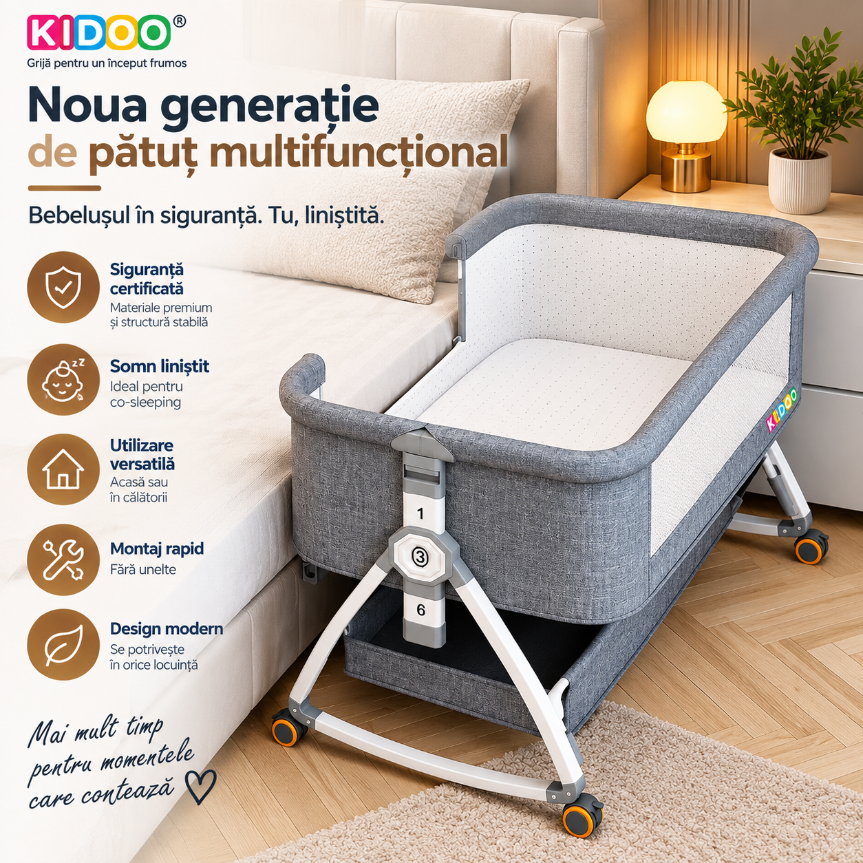Patut portabil bebelusi KIDOO, 6 in 1, co-sleeping, masa de infasat, plasa anti-tantari, 5 trepte de reglare, saltea inclusa, pliabil