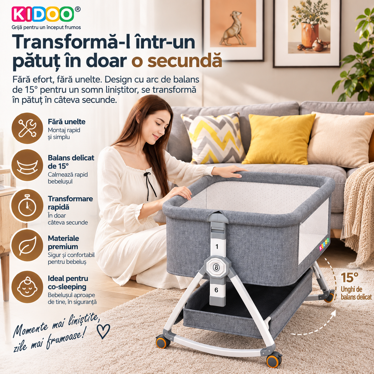 Patut portabil bebelusi KIDOO, 6 in 1, co-sleeping, masa de infasat, plasa anti-tantari, 5 trepte de reglare, saltea inclusa, pliabil