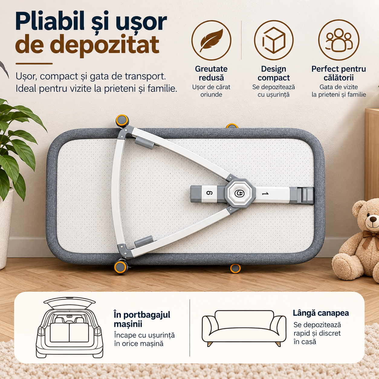 Patut portabil bebelusi KIDOO, 6 in 1, co-sleeping, masa de infasat, plasa anti-tantari, 5 trepte de reglare, saltea inclusa, pliabil