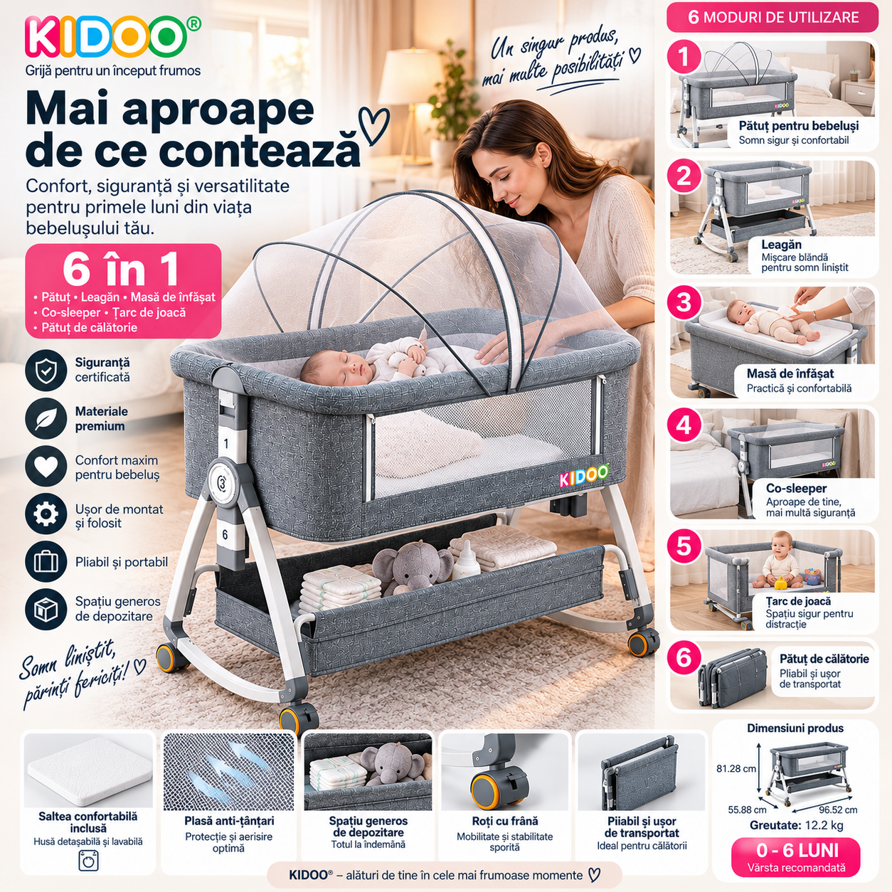 Patut portabil bebelusi KIDOO, 6 in 1, co-sleeping, masa de infasat, plasa anti-tantari, 5 trepte de reglare, saltea inclusa, pliabil