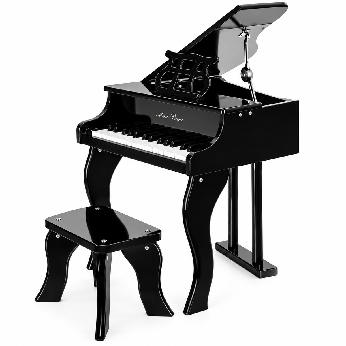Pian pentru copii, 30 Clape, lemn, scaunel si suport pentru partituri, design mini grand piano, negru lucios