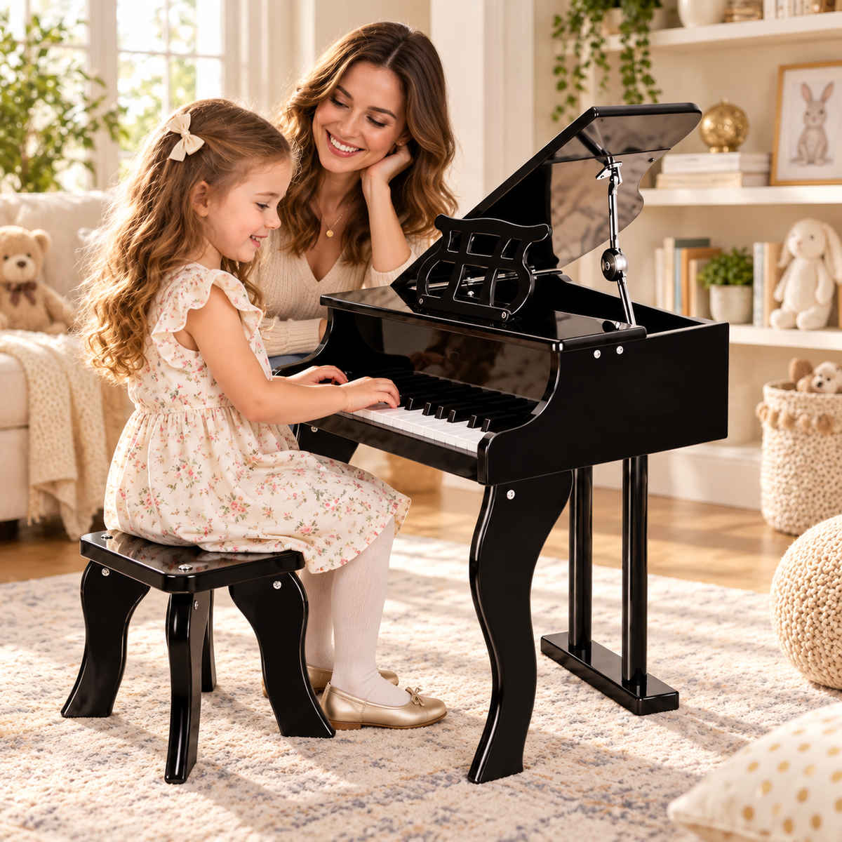 Pian pentru copii, 30 Clape, lemn, scaunel si suport pentru partituri, design mini grand piano, negru lucios