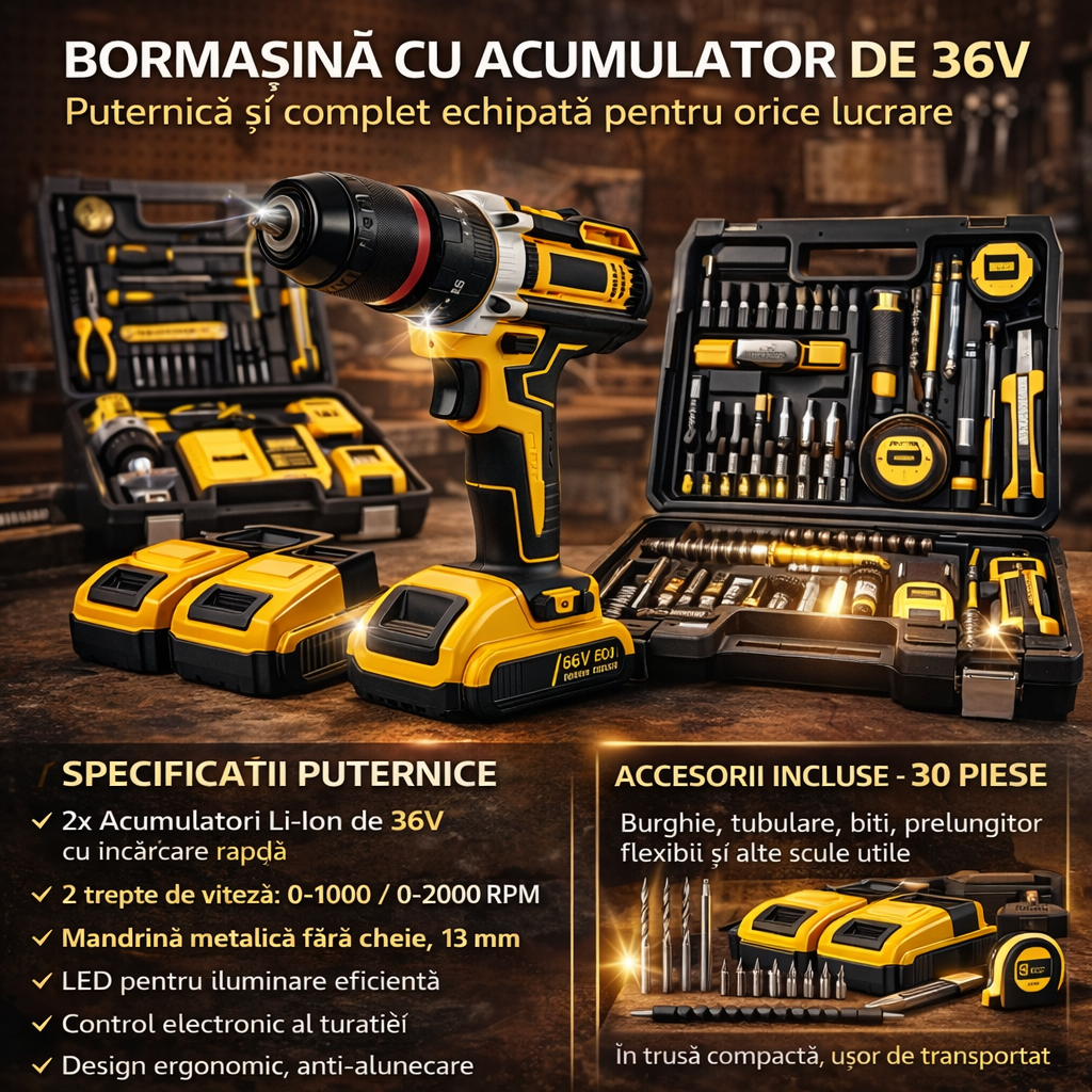 Trusa Bormasina 36V, 2 acumulatori, incarcator, 30 accesorii