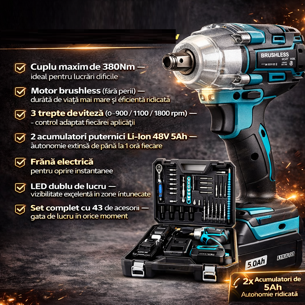 Cheie de impact si insurubat 380 Nm, 43 accesorii, 2 acumulatori 48V Li-Ion, valiza transport