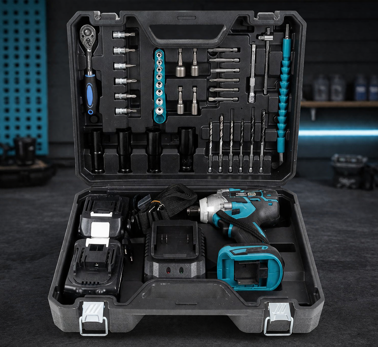 Cheie de impact si insurubat 380 Nm, 43 accesorii, 2 acumulatori 48V Li-Ion, valiza transport